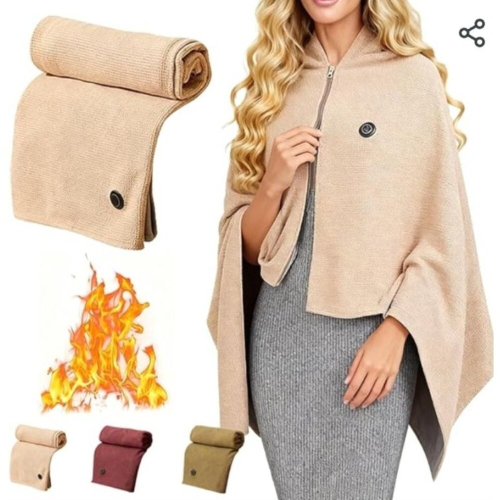 Portable Cordless Heated Shawl, Rechargeable Electric Warming Wrap with 3 Heat S